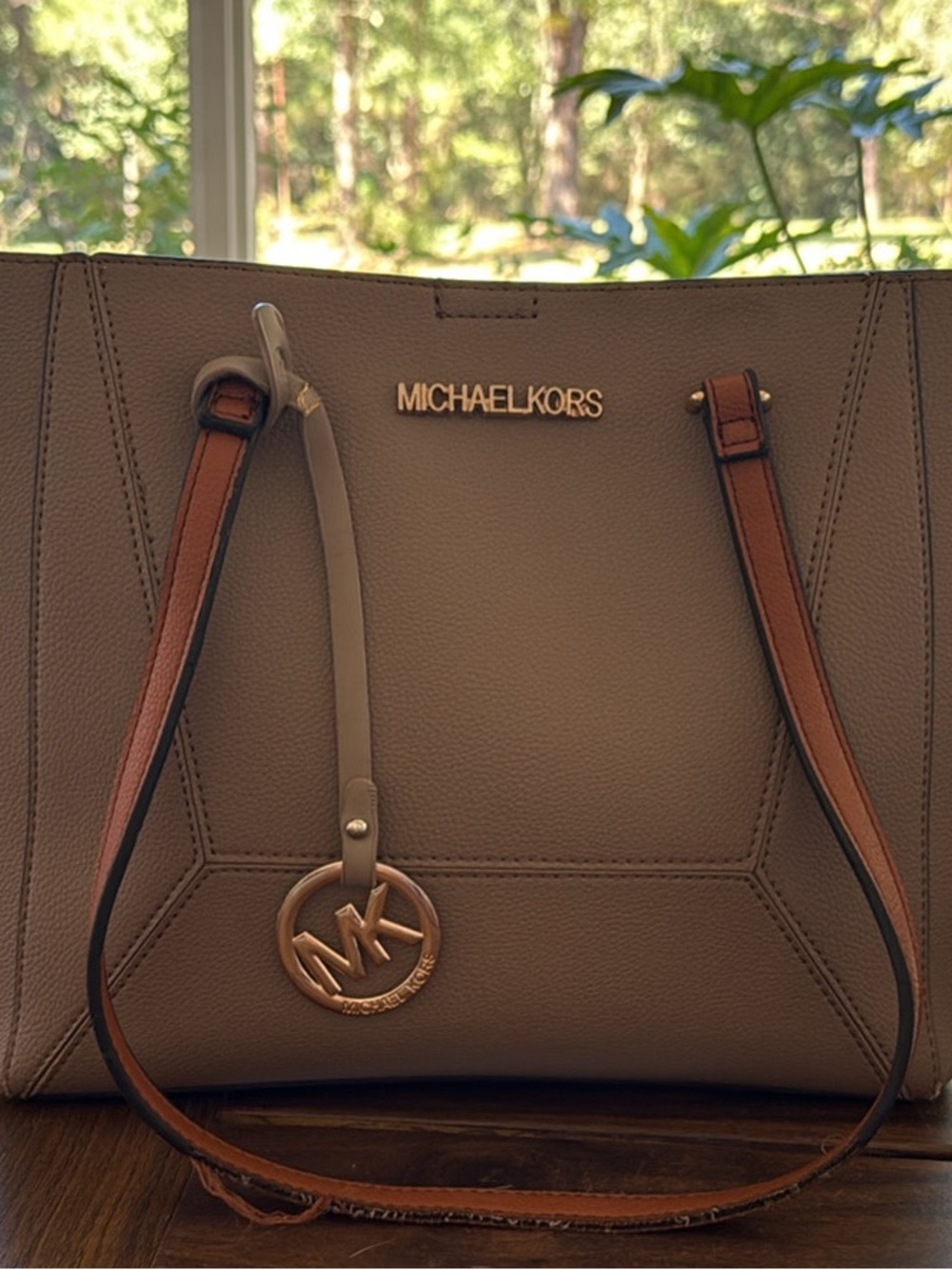 Michael Kors Taupe Leather Tote with Brown Straps and Gold Hardware
